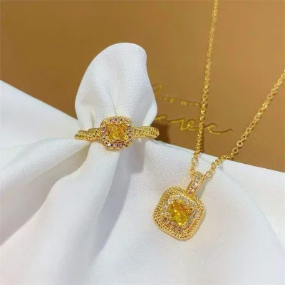 2 Pcs 18k Gold Square Zircon Necklace set